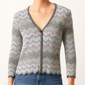 Pendleton Silk Cotton Chevron Knit Cardigan Gray Purple Blue V Neck Small